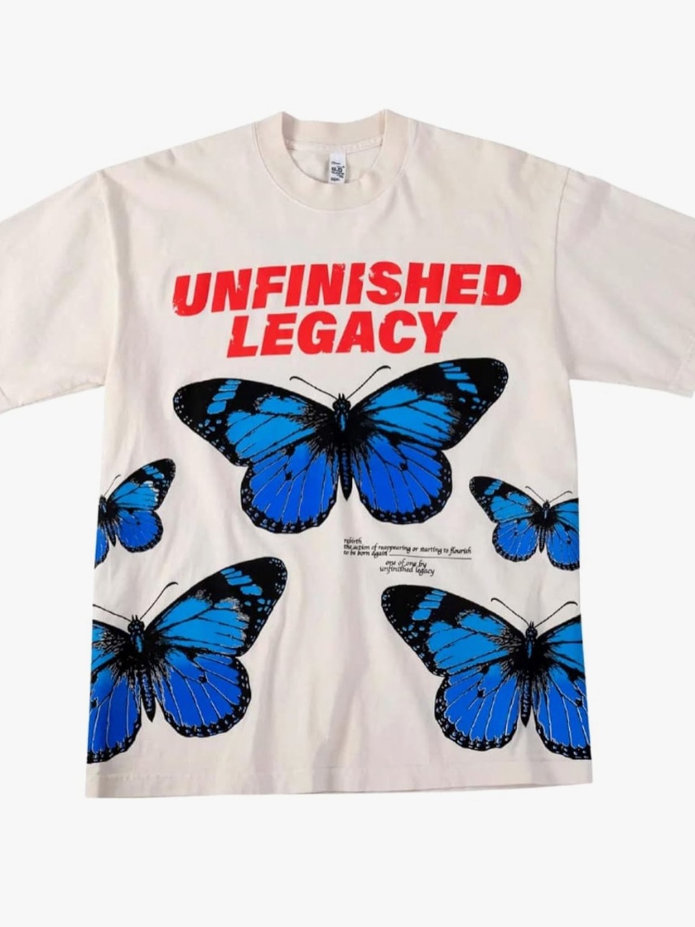Unfinished Legacy Cream Short Sleeve Tee with Blue Butterfly Print